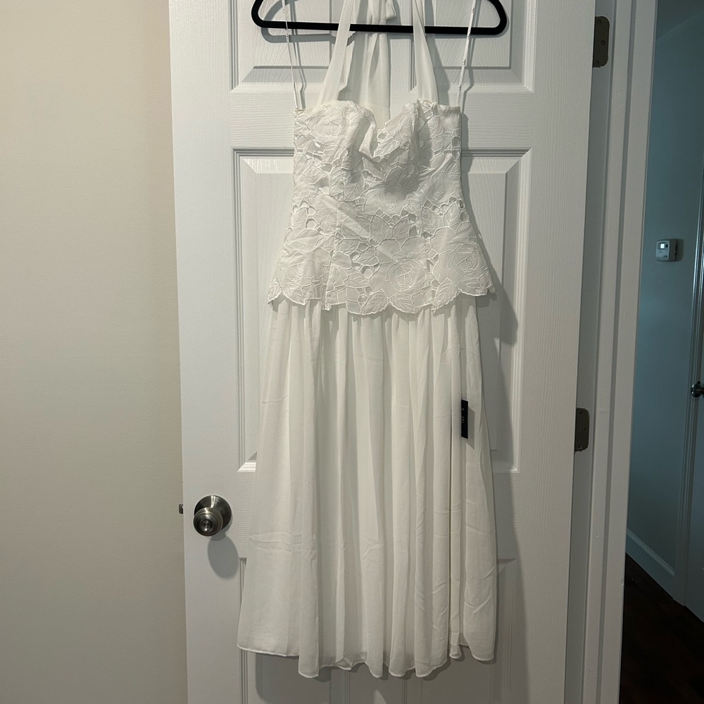*NWT* Lulus Alysanne White Embroidered Drop Waist Halter Midi Dress - Picture 3 of 5